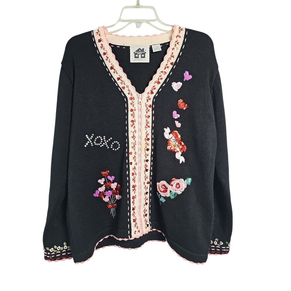 Storybook Knits Cardigan Sequin Heart Embroidered Black Women Medium